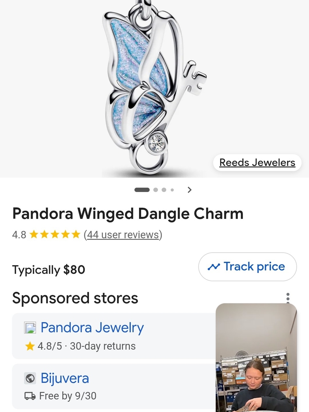 Pandora Winged Dangle Charm - Blue Opalescent Wings